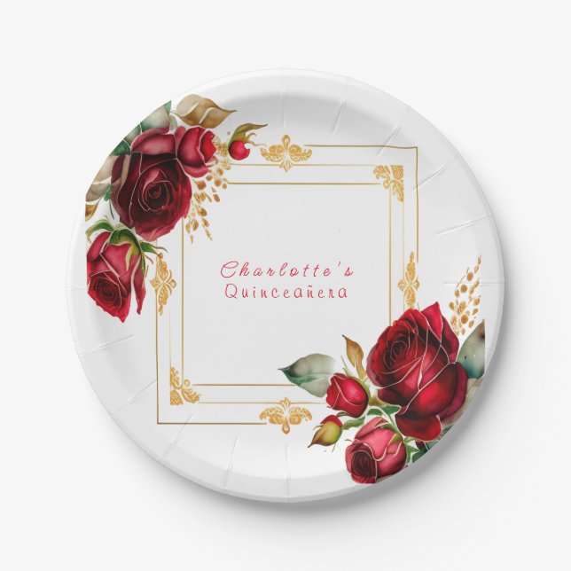 Beautiful Red Roses Gold Filigree Quinceañera Paper Plate (Front)