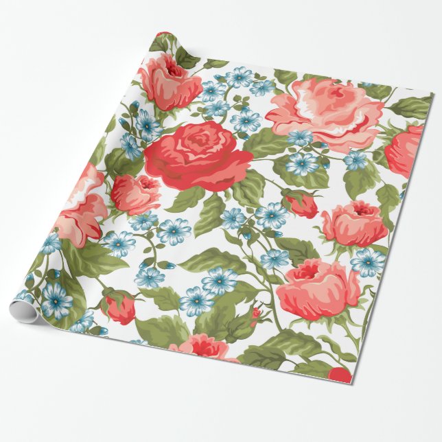 Beautiful Red Roses Retro Abstract Floral Pattern Wrapping Paper (Unrolled)