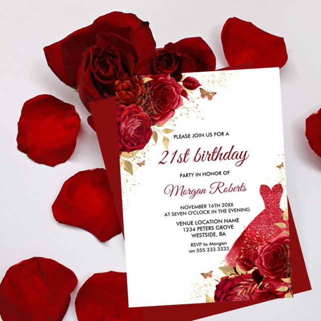 Beautiful Red Roses Sparkle Dress 21st Birthday Invitation (Creator Uploaded)