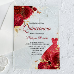 Beautiful Red Roses Sparkle Dress Quinceanera Acrylic Invitations