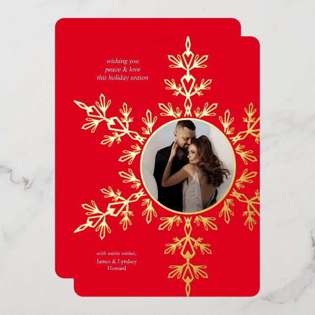 Beautiful Red Snowflake Photo Christmas Foil Card (Front/Back)