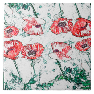 Beautiful Red Three Poppy Flowers Sketch Tile