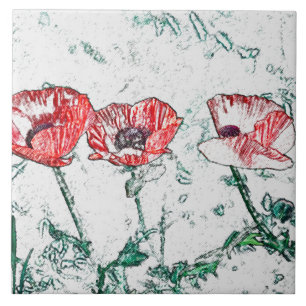 Beautiful Red Three Poppy Flowers Sketch Tile