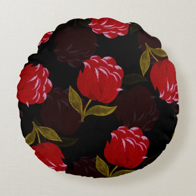 Beautiful Red translucent roses embroidery pattern Round Cushion (Front)