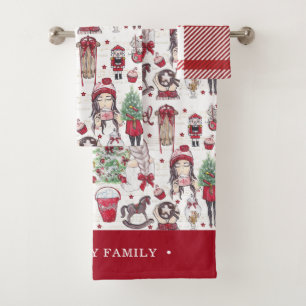 Beautiful Red Watercolor Christmas Family Name Bath Towel Set