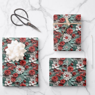 Beautiful Red White and Green 3D Poinsettia Wrapping Paper Sheet