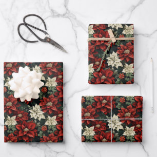Beautiful Red White and Green Poinsettia Wrapping Paper Sheet