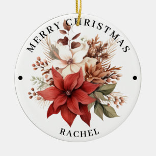 Beautiful Red & White Floral Merry Christmas Ceramic Tree Decoration