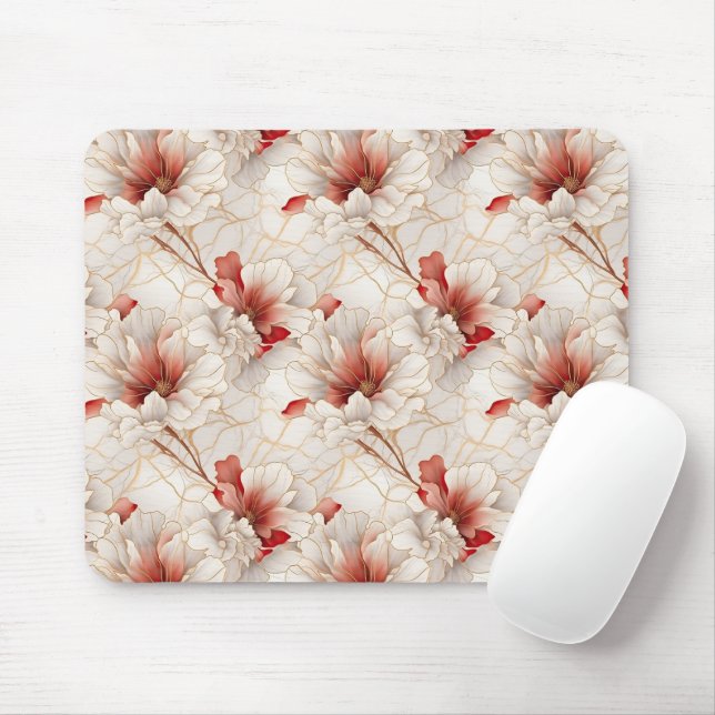 Beautiful Red White Floral Mouse Pad (With Mouse)