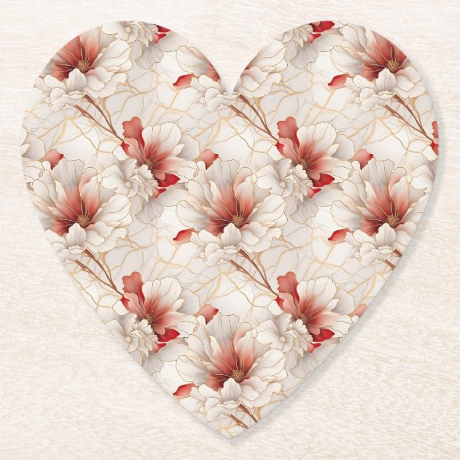 Beautiful Red White Floral Paper Coaster (Front)