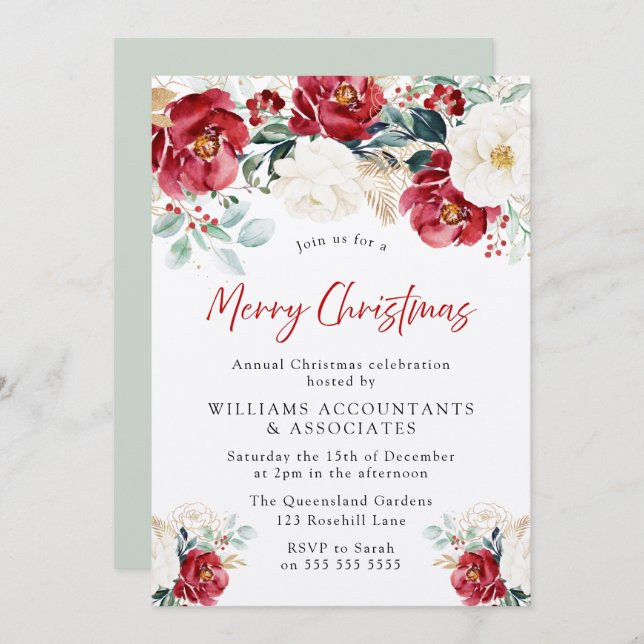 Beautiful Red White Green Floral Christmas Party Invitation (Front/Back)