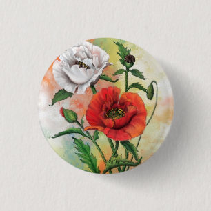 Beautiful Red White Poppies - Migned Painting Art 3 Cm Round Badge