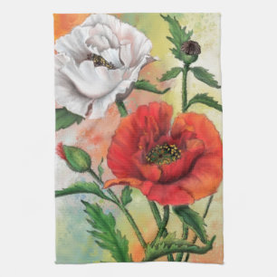 Beautiful Red White Poppies - Migned Painting Art  Tea Towel