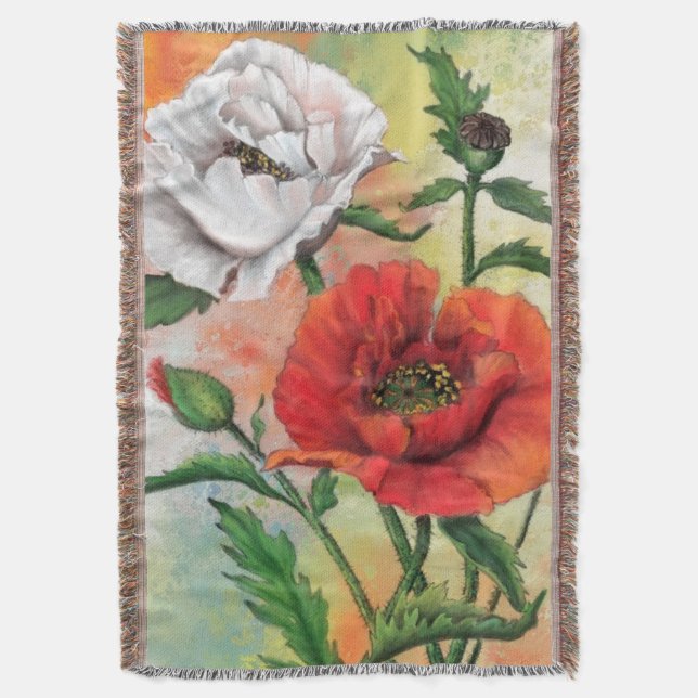 Beautiful Red White Poppies - Migned Painting Art  Throw Blanket (Front Vertical)
