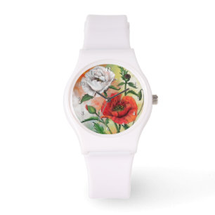 Beautiful Red White Poppies - Migned Painting Art Watch