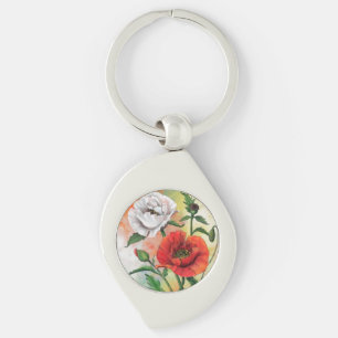 Beautiful Red White Poppies - Migned Painting Key Ring