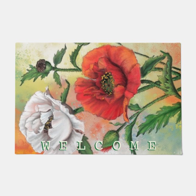 Beautiful Red White Poppies Painting - Welcome - Doormat (Front)