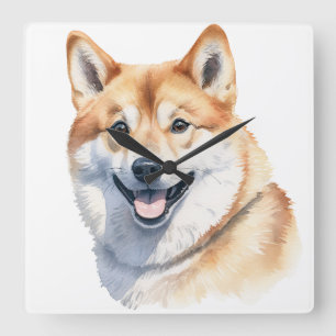 BEAUTIFUL RED & WHITE SHIBA INU DOG SQUARE WALL CLOCK