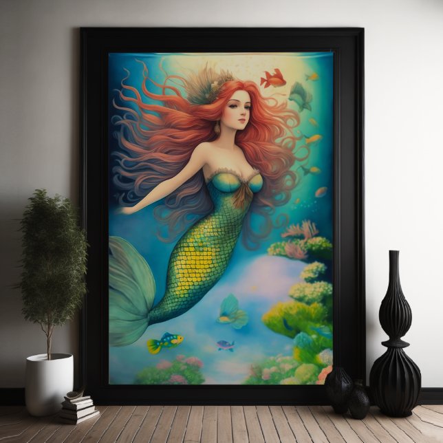Beautiful Redhead Mermaid Swimming Reef Poster (Creator Uploaded)