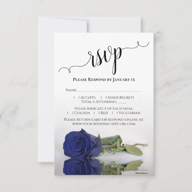 Beautiful Reflecting Dark Navy Blue Rose Wedding RSVP Card (Front)