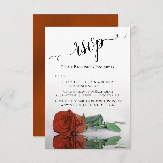 Beautiful Reflecting Rust Orange Rose Wedding RSVP Card (Front/Back)