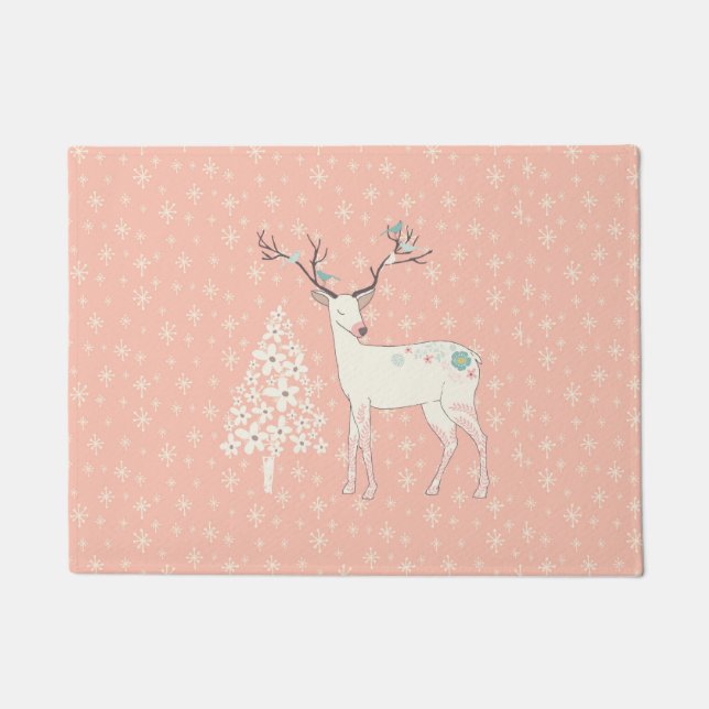 Beautiful Reindeer and Snowflakes Pink Doormat (Front)