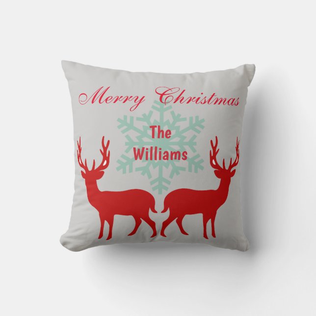 Beautiful Reindeer Merry Christmas Silver and Red Cushion (Front)