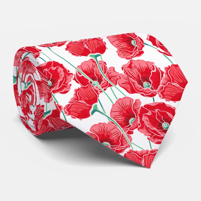 Beautiful Remembrance Red Poppy Field Floral Tie (Rolled)