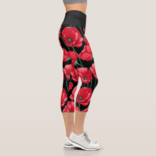 Beautiful Remembrance Red Poppy Pattern Capri Leggings
