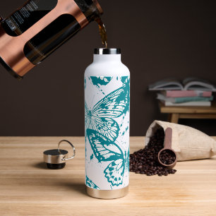 Beautiful render of blue outlined butterflies water bottle