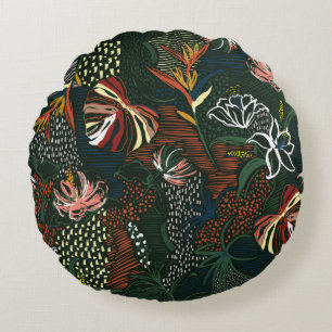 Beautiful retro hand drawn flower , tropical palm round cushion