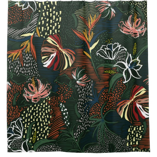 Beautiful retro hand drawn flower , tropical palm  shower curtain (Front)