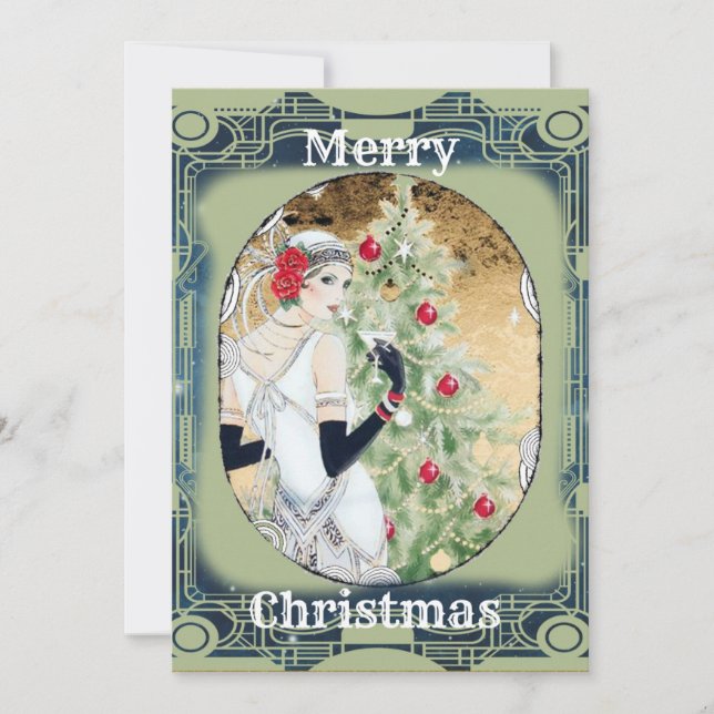 Beautiful Retro Lady and Christmas Tree  Holiday Card (Front)