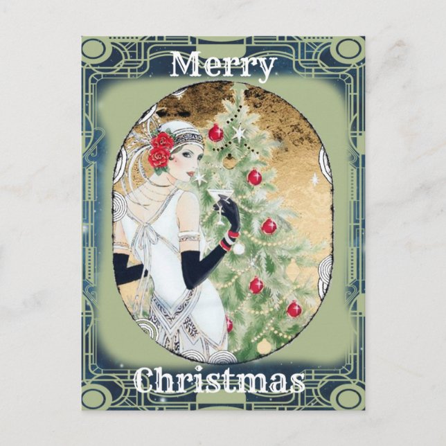 Beautiful Retro Lady and Christmas Tree  Holiday Postcard (Front)