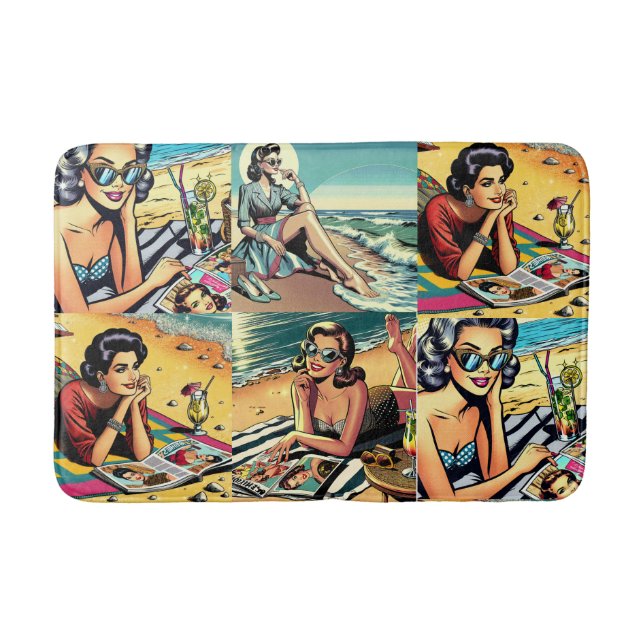 Beautiful Retro Lady at the Beach with Cocktail Bath Mat (Front)