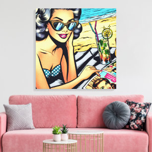 Beautiful Retro Lady at the Beach with Cocktail Canvas Print