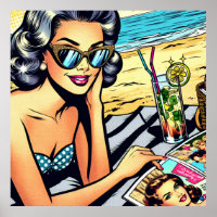 Beautiful Retro Lady at the Beach with Cocktail