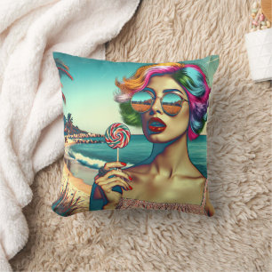 Beautiful Retro Pop Art Woman with Lollipop Cushion