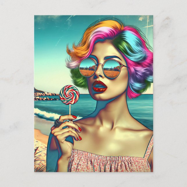 Beautiful Retro Pop Art Woman with Lollipop Postcard (Front)