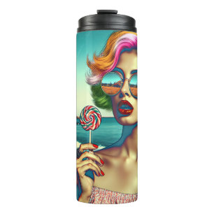 Beautiful Retro Pop Art Woman with Lollipop Thermal Tumbler