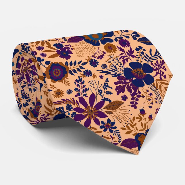 Beautiful retro style orange pastel floral pattern tie (Rolled)