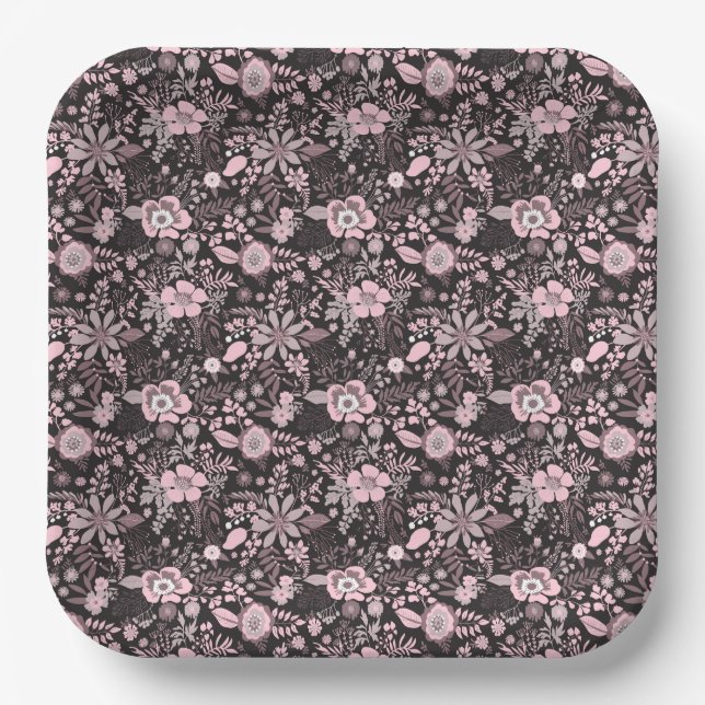 Beautiful retro style pink pastel floral pattern paper plate (Front)