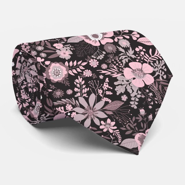 Beautiful retro style pink pastel floral pattern tie (Rolled)