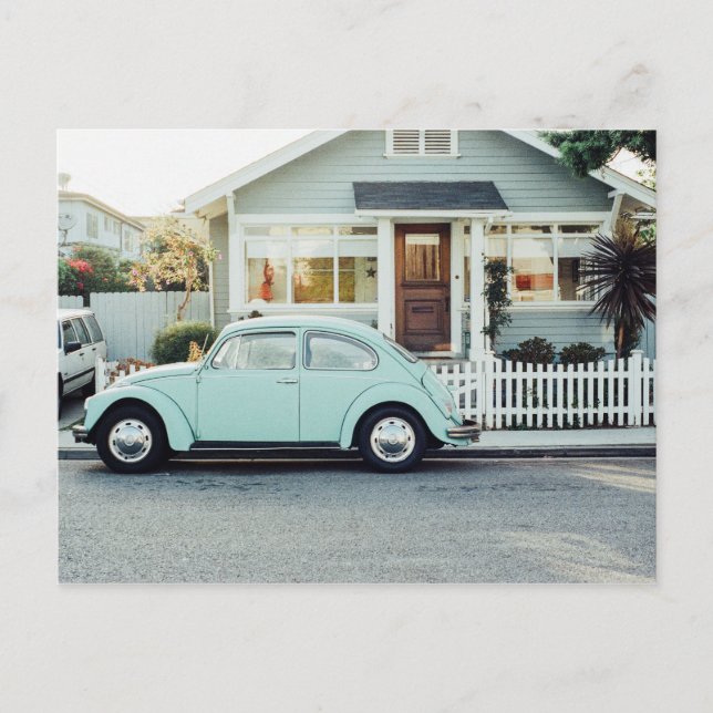 Beautiful retro vintage turquoise car photography postcard (Front)