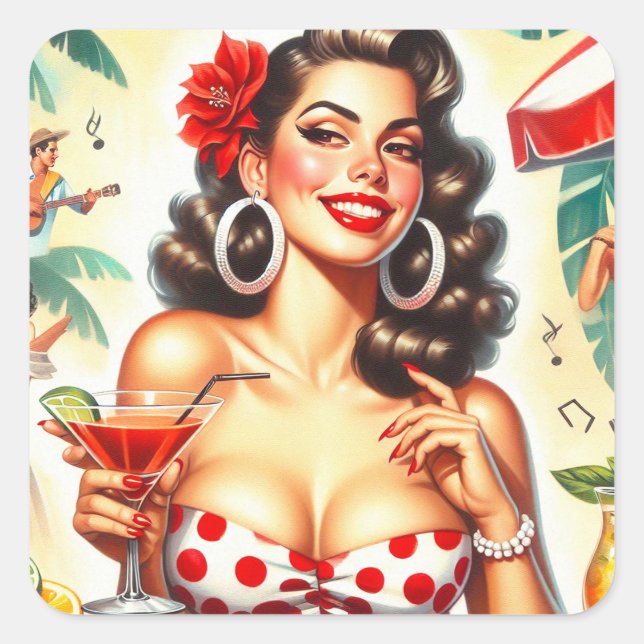 Beautiful Retro Woman Illustration Square Sticker (Front)