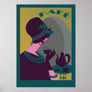 Beautiful retro woman in a café sipping coffee poster