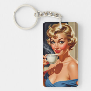 Beautiful Retro Woman with a cup of coffee Key Ring