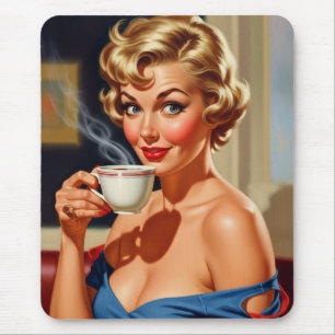 Beautiful Retro Woman with a cup of coffee Mouse Pad