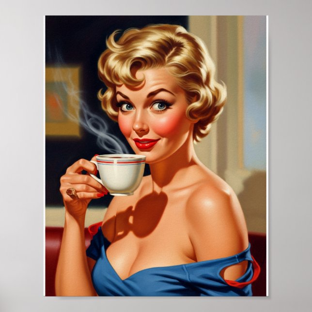 Beautiful Retro Woman with a cup of coffee Poster (Front)