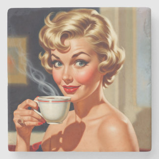 Beautiful Retro Woman with a cup of coffee Stone Coaster